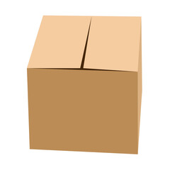 A simple brown cardboard box with its top flaps partially open on a black background