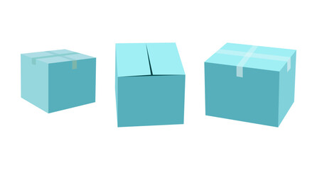 Three light blue cardboard boxes with tape shown from different angles on a white background