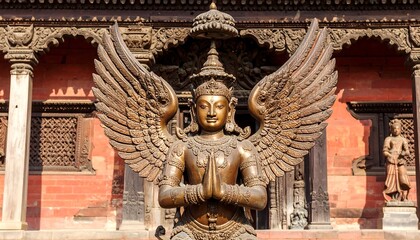 Bronze statue of a winged figure in prayer posture,  ancient temple backdrop
