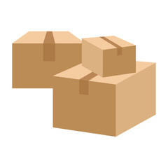 Three stacked cardboard boxes with brown tape on a white background
