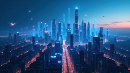Fototapeta premium Luminous Futuristic Cityscape at Dawn