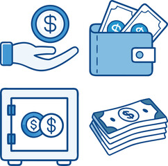 Financial icons depicting money, savings, wallet, hand receiving cash, and safe deposit box
