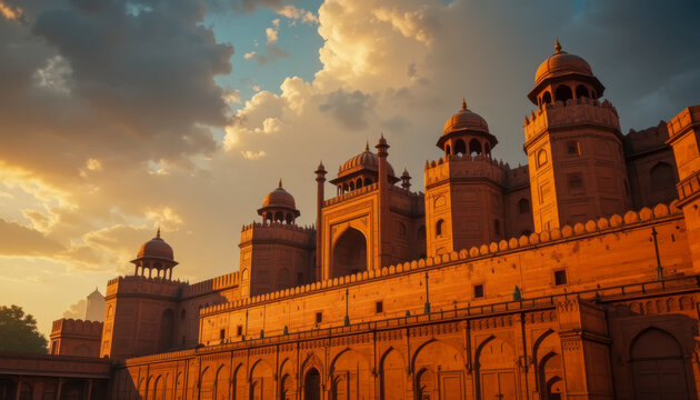 The Buland Darwaza, a magnificent gateway at Fatehpur Sikri, glows in the warm light of sunset.  Its intricate details and imposing structure are dramatically highlighted against a vibrant, cloudy sky