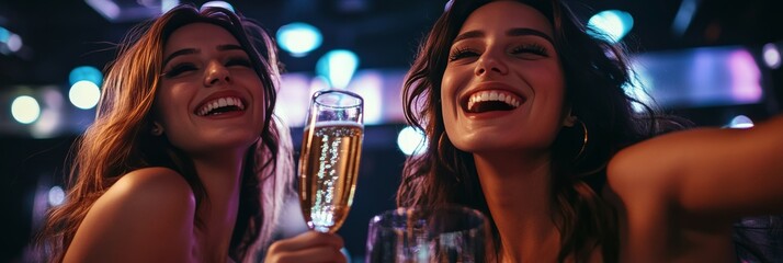 Three women friends are laughing and toasting with champagne glasses, celebrating in an indoor venue at night. They are wearing party dresses and seem to be enjoying a joyous social gathering.