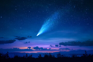 bright comet crossing dreamy night sky