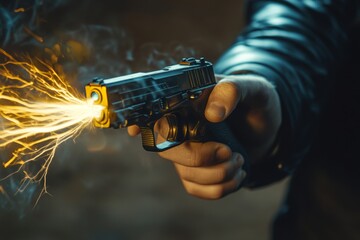 Motivated assassin aiming and firing gun for cinematic thrill, with sound effects and sparks creating suspenseful atmosphere.