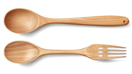 Two wooden utensil one is a spoon, and the other is a spork on a white background