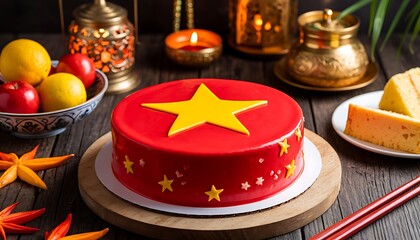 Red mousse cake with golden star and smaller stars celebrating Vietnam National Day with traditional decorations