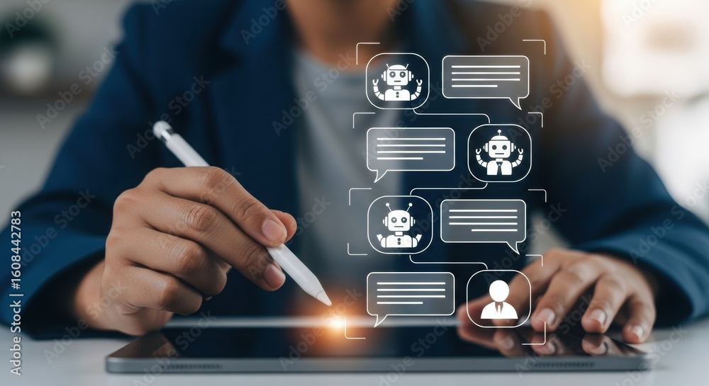 Poster chatbot interface interaction with tablet. digital communication with stylus and speech bubbles. mod