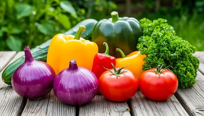 Colorful fresh vegetables from organic farming arranged on a wooden table, creating a vibrant display in the garden, embodying healthy living