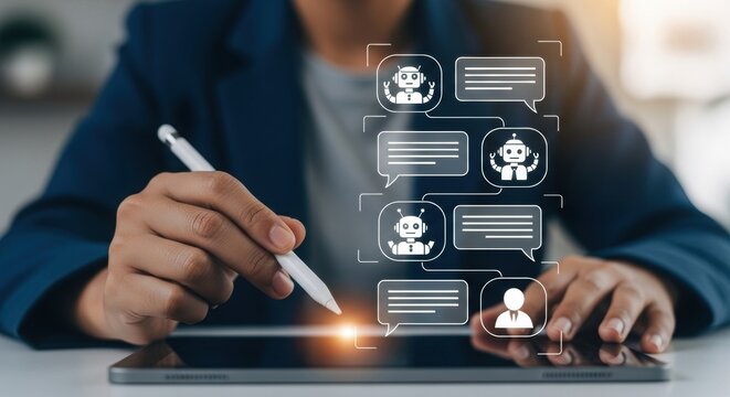 Chatbot interface interaction with tablet. Digital communication with stylus and speech bubbles. Modern tech conversation with AI.