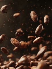 Brown coffee beans suspended mid-air against dark background