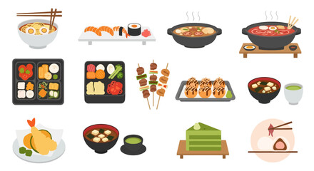Japanese Cuisine Flat Lay: Bento, Ramen, Sushi, and More