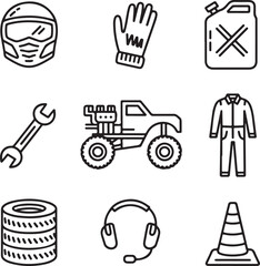 Driver Gear & Monster Truck Essentials Doodle Icon Collection Helmet, Gloves, Fuel Can, Engine, and Pit Crew Tools