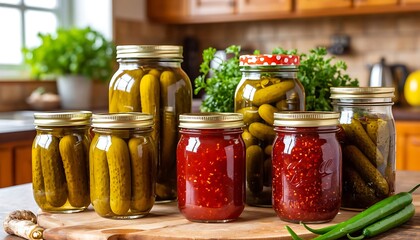 Collection of jars filled with homemade pickles and preserves displayed on a kitchen counter, showcasing a rustic and cozy kitchen setting