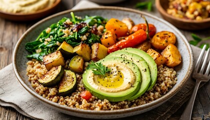 Quinoa and roasted vegetables bowl with avocado slices filled with hummus and seasoned with olive oil and black pepper