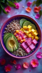 Healthy and vibrant Buddha bowl featuring quinoa, avocado, mango, lime, beetroot feta cheese, and colorful flower petals, perfect for a nutritious and visually appealing meal