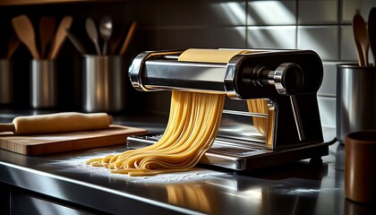 Shiny new pasta machine creating fresh spaghetti in a bright, modern kitchen, showcasing the art of homemade Italian cuisine