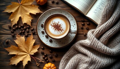 Warm autumn composition with cappuccino, coffee beans, book, knitted sweater and dry maple leaves on wooden background