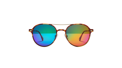 Colorful aviator sunglasses with a gradient lens, isolated on white background
