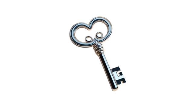 A shiny silver key with a heart-shaped handle
