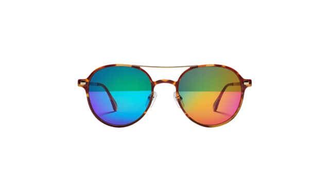 Colorful aviator sunglasses with a gradient lens, isolated on white background