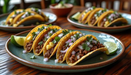 Crunchy tacos al pastor garnished with coriander, pineapple and red onion, served on ceramic plates with lime slices on a wooden table