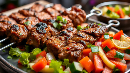 Succulent grilled beef kebabs paired with a refreshing vegetable salad, offering a traditional Middle Eastern and Turkish culinary experience
