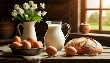 Fresh milk, bread and eggs on wooden table in front of window with view on green field, creating a cozy breakfast scene