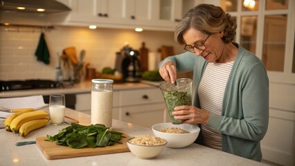 Warm kitchen scene of a woman making a bone-healthy smoothie with spinach, almond milk, and chia seeds, promoting family wellness.