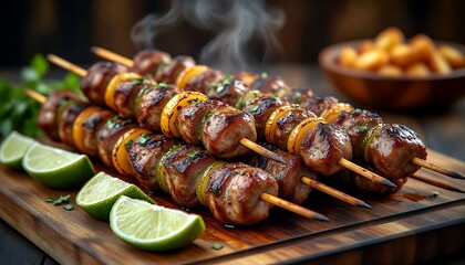 Juicy pork skewers with grilled lemon and lime wedges, resting on a wooden cutting board, with steam rising up, creating a mouthwatering culinary scene