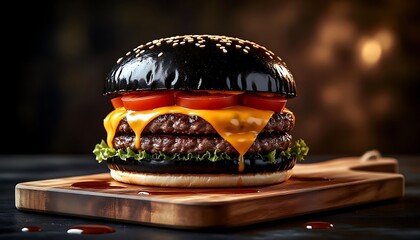 Tasty black burger with melted cheddar cheese, tomato slices and fresh lettuce, resting on a wooden cutting board, makes a mouthwatering fast food delight
