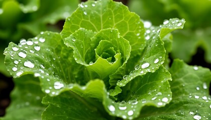 Close-up of a vibrant green lettuce plant glistening with fresh water droplets after a rain shower, showcasing the beauty and vitality of nature's bounty