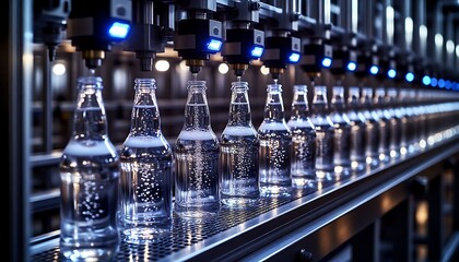 Glass bottles filling with sparkling water move along a conveyor belt in an industrial beverage plant, showcasing advanced production technology