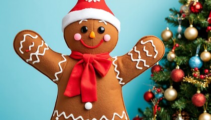 Gingerbread man wearing a Christmas hat and a red bow tie is celebrating Christmas with open arms near a decorated Christmas tree
