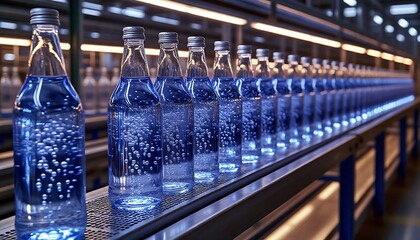 Glass bottles of sparkling water traveling along a conveyor belt in a bustling beverage factory, showcasing the automated production process
