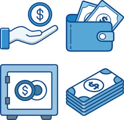 Financial icons representing banking finance savings and investment money and dollar symbols