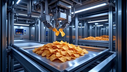 Automated system preparing nachos in a modern factory, showcasing industrial food production technology