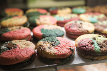 Colorful cookies displayed in a bakery shop