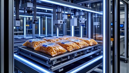 Automated production line efficiently packing potato chips in a modern food processing plant, showcasing advanced technology and robotics