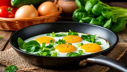 Four fried eggs seasoned with pepper, decorated with spinach and chives, served in a pan, with fresh vegetables in the background