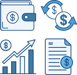 Financial and business icons set featuring wallet growth dollar signs and document illustration