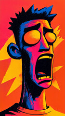 Shocked man with wide open mouth and bulging eyes, vibrant pop art style
