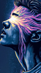 Vibrant abstract energy flows from a person's eyes in stunning detail