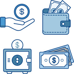 Financial icons depicting various money related concepts in an illustrative and modern vector graphic design