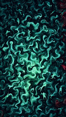 Mystical abstract flow with silhouetted figures in cosmic green nebula