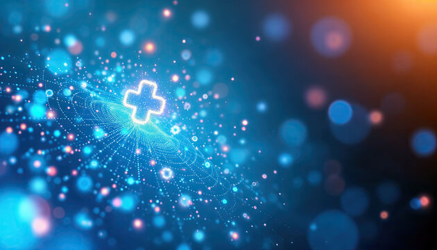 Telemedicine and Digital Healthcare Platforms. Dynamic abstract design featuring glowing dots and a medical cross symbol.