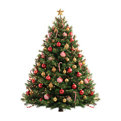 Obraz premium Classic Decorated Christmas Tree with Ornaments and Golden Star Topper, Front View, Isolated on Transparent Background