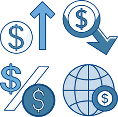 Financial symbols representing growth decline interest rate and global economic impact concepts