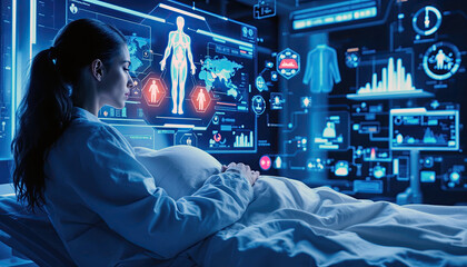 Telemedicine and Digital Healthcare Platforms. Pregnant woman gazing at advanced medical technology in a futuristic setting.